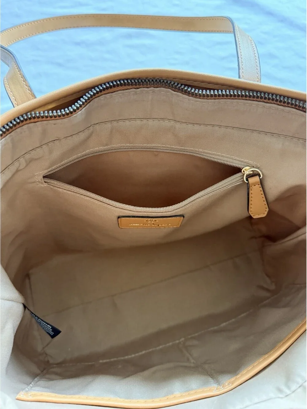 Tory Burch Brielle Logo Tote Bag Chalk Blue Stripe Large Zip Shoulder Handbag
